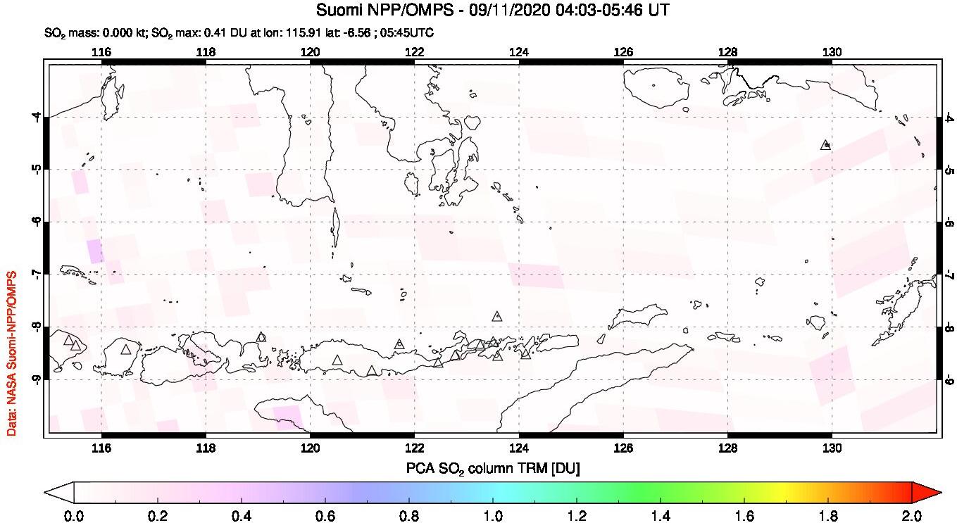 A sulfur dioxide image over Lesser Sunda Islands, Indonesia on Sep 11, 2020.