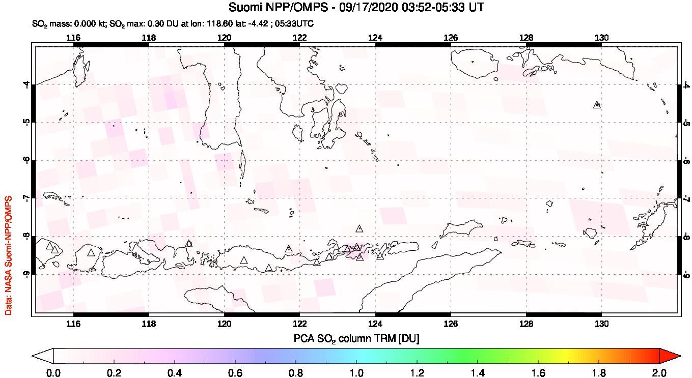 A sulfur dioxide image over Lesser Sunda Islands, Indonesia on Sep 17, 2020.