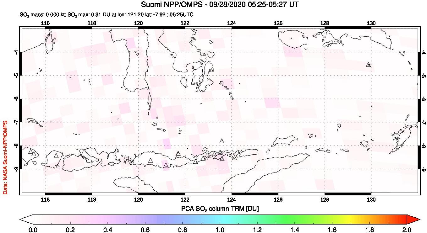 A sulfur dioxide image over Lesser Sunda Islands, Indonesia on Sep 28, 2020.