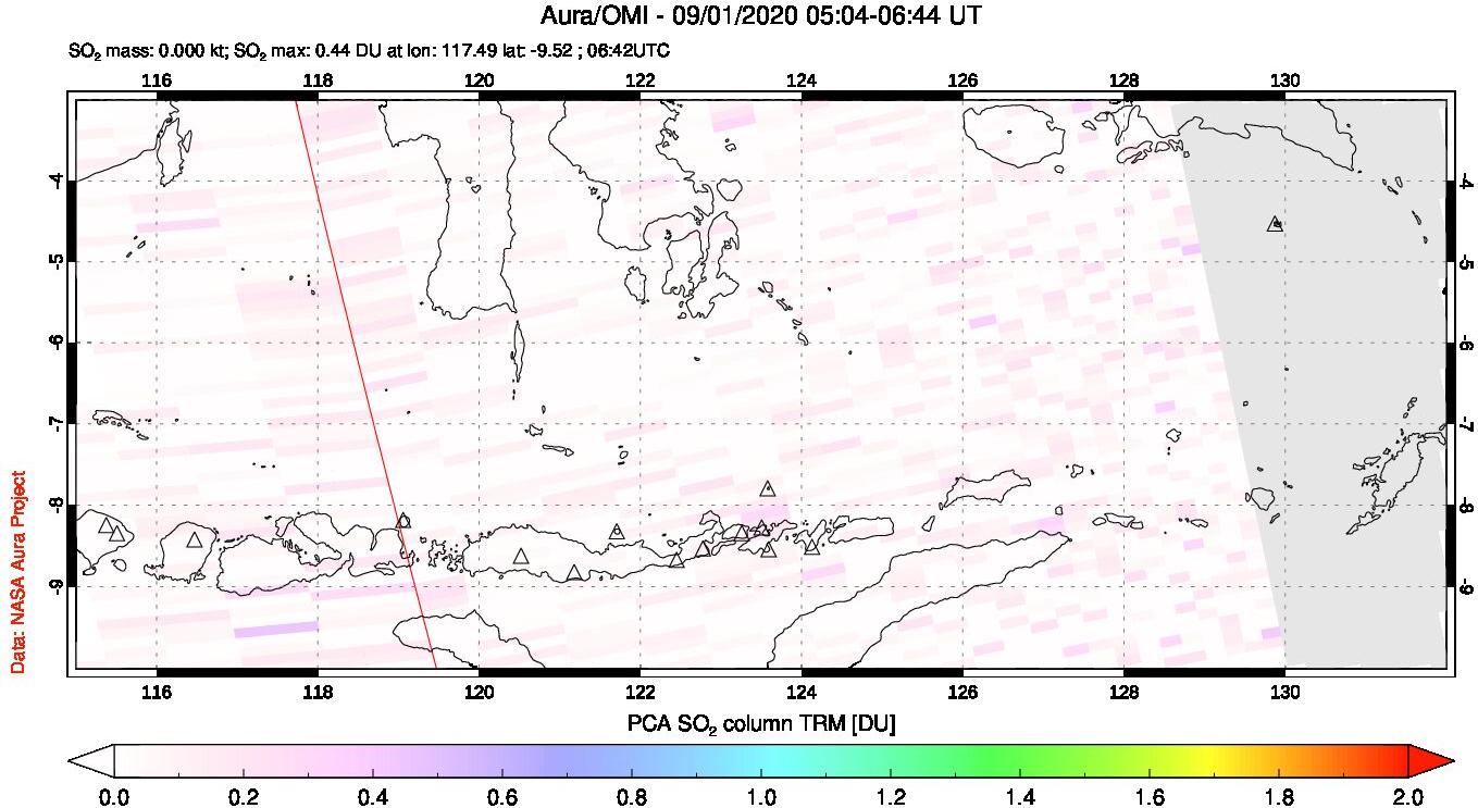 A sulfur dioxide image over Lesser Sunda Islands, Indonesia on Sep 01, 2020.