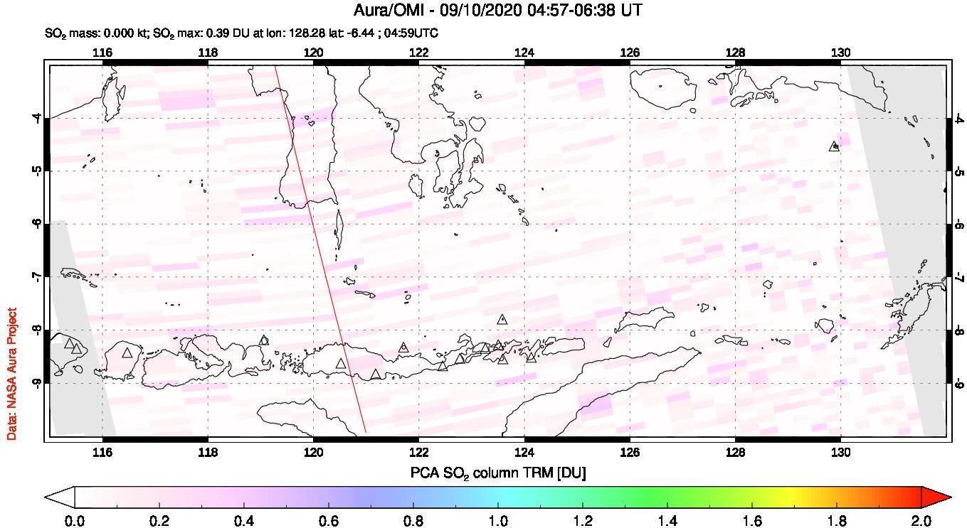 A sulfur dioxide image over Lesser Sunda Islands, Indonesia on Sep 10, 2020.