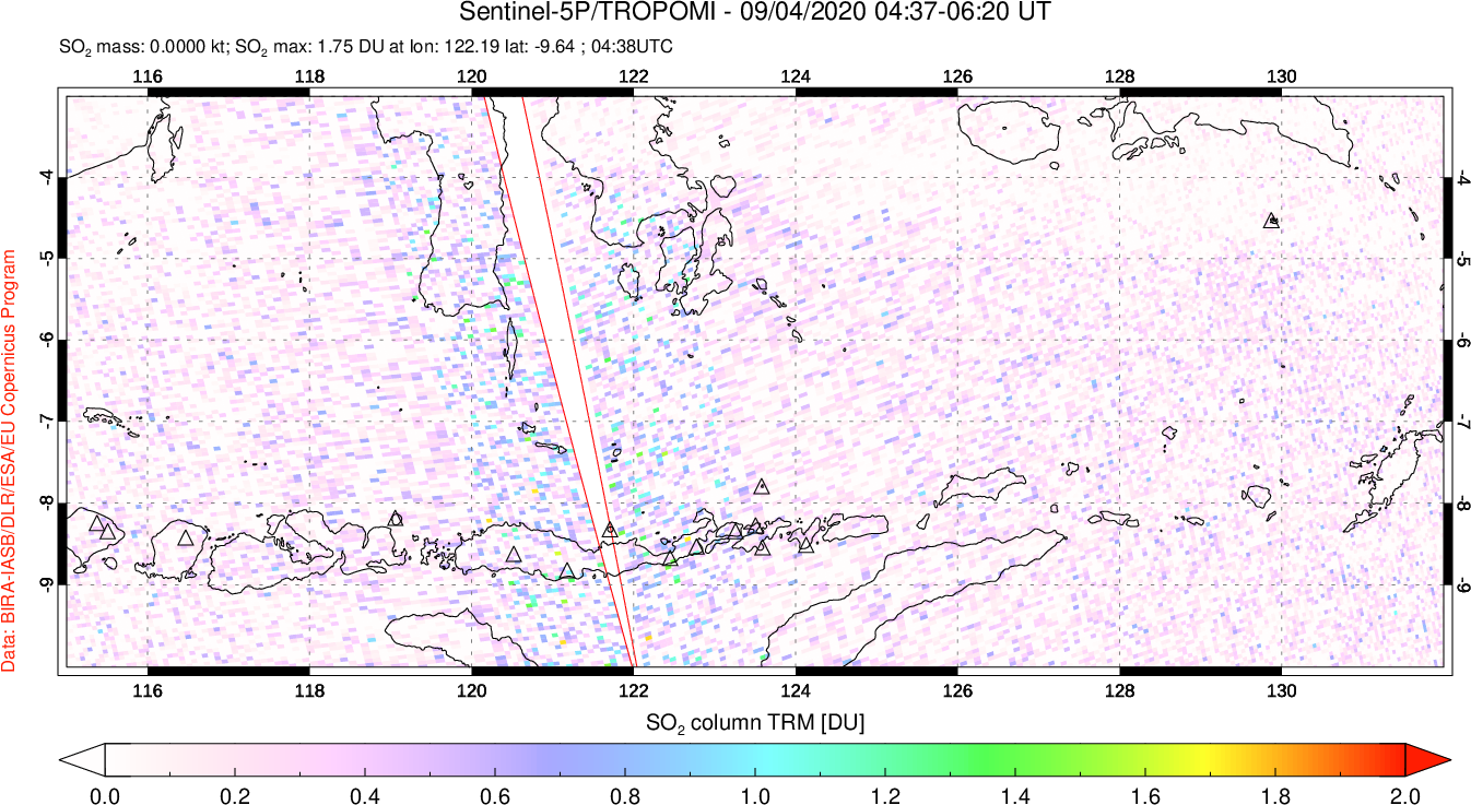 A sulfur dioxide image over Lesser Sunda Islands, Indonesia on Sep 04, 2020.