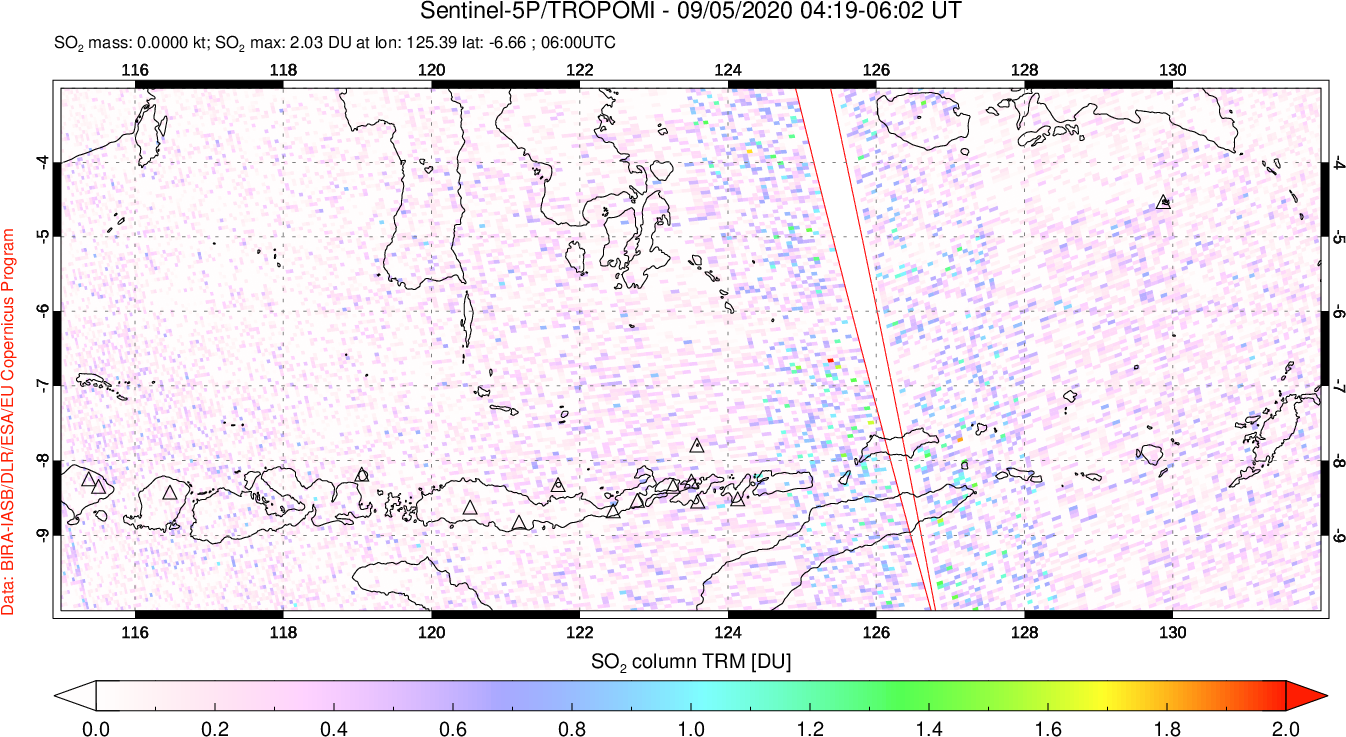 A sulfur dioxide image over Lesser Sunda Islands, Indonesia on Sep 05, 2020.