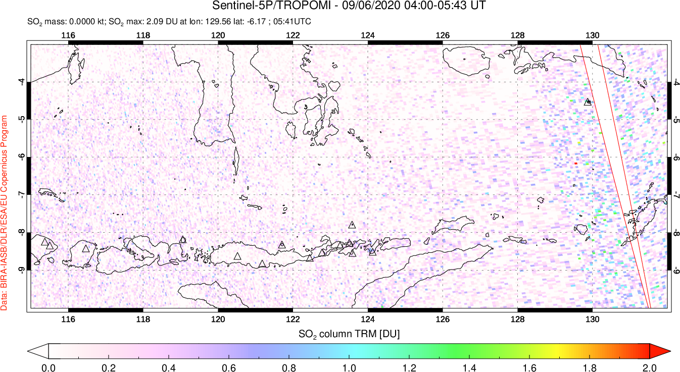 A sulfur dioxide image over Lesser Sunda Islands, Indonesia on Sep 06, 2020.