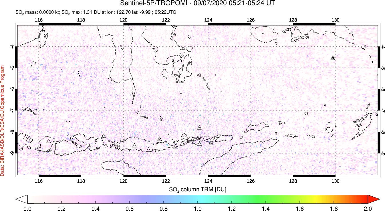 A sulfur dioxide image over Lesser Sunda Islands, Indonesia on Sep 07, 2020.
