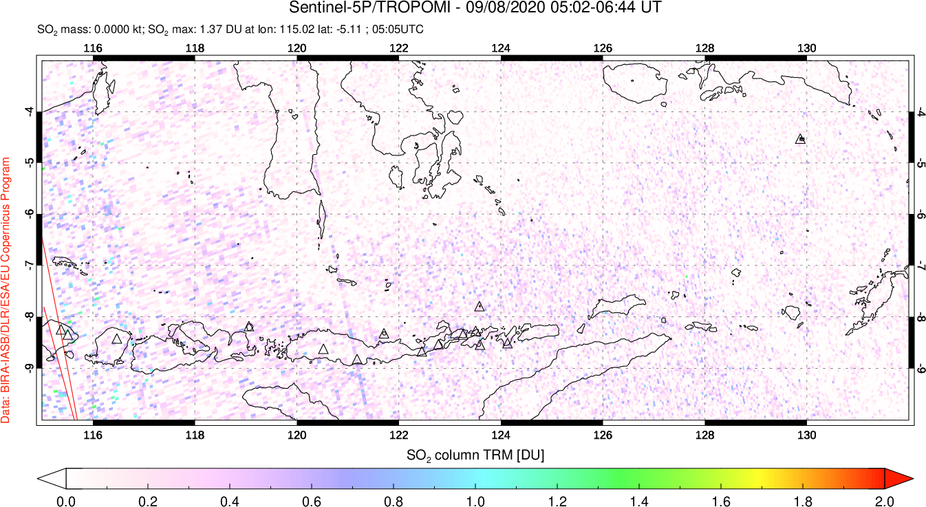 A sulfur dioxide image over Lesser Sunda Islands, Indonesia on Sep 08, 2020.