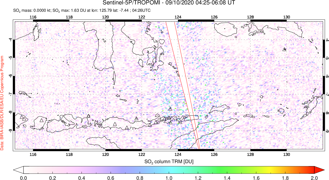 A sulfur dioxide image over Lesser Sunda Islands, Indonesia on Sep 10, 2020.
