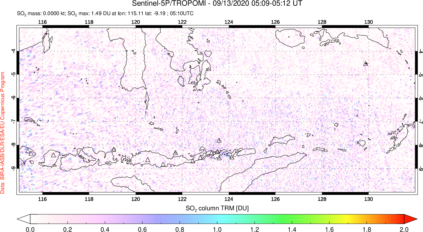 A sulfur dioxide image over Lesser Sunda Islands, Indonesia on Sep 13, 2020.