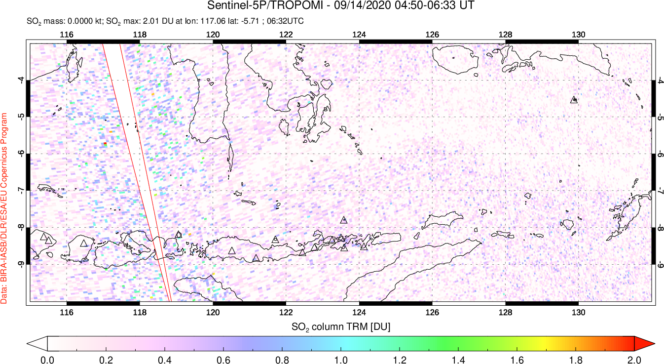 A sulfur dioxide image over Lesser Sunda Islands, Indonesia on Sep 14, 2020.