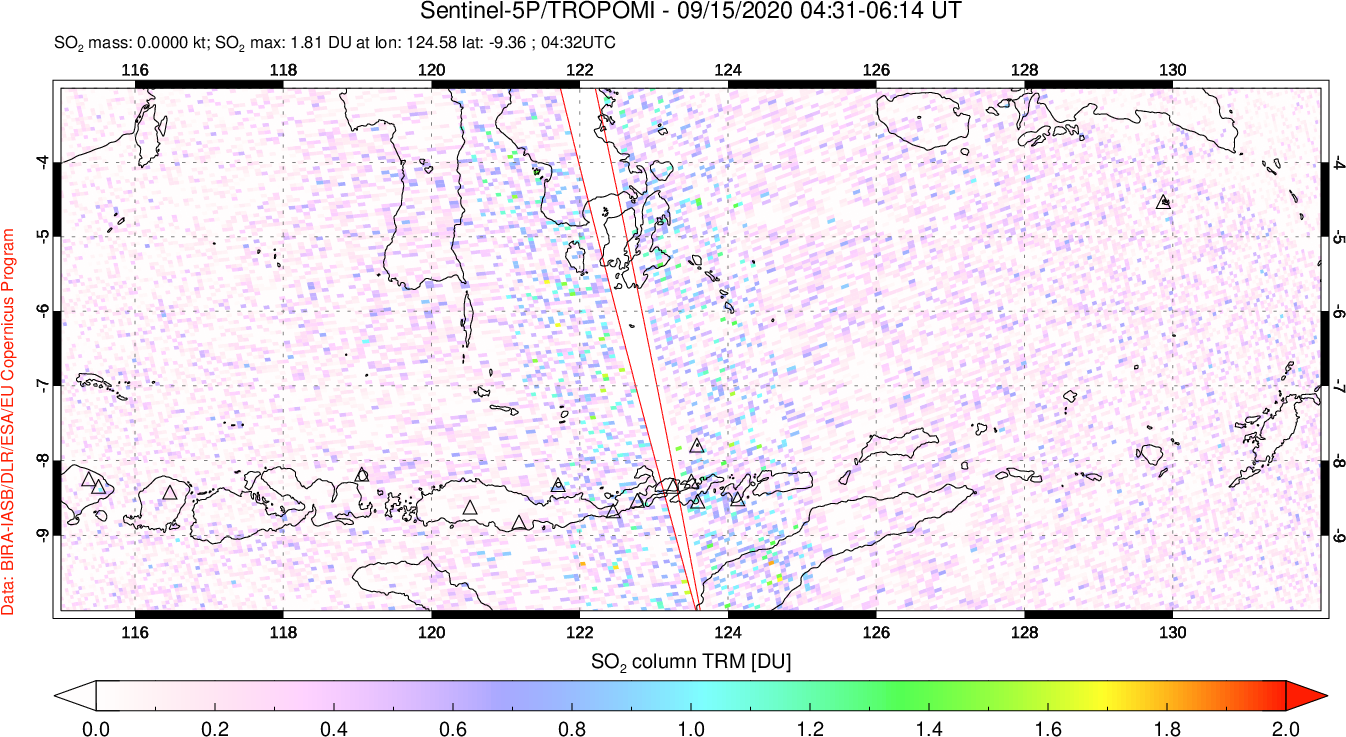 A sulfur dioxide image over Lesser Sunda Islands, Indonesia on Sep 15, 2020.