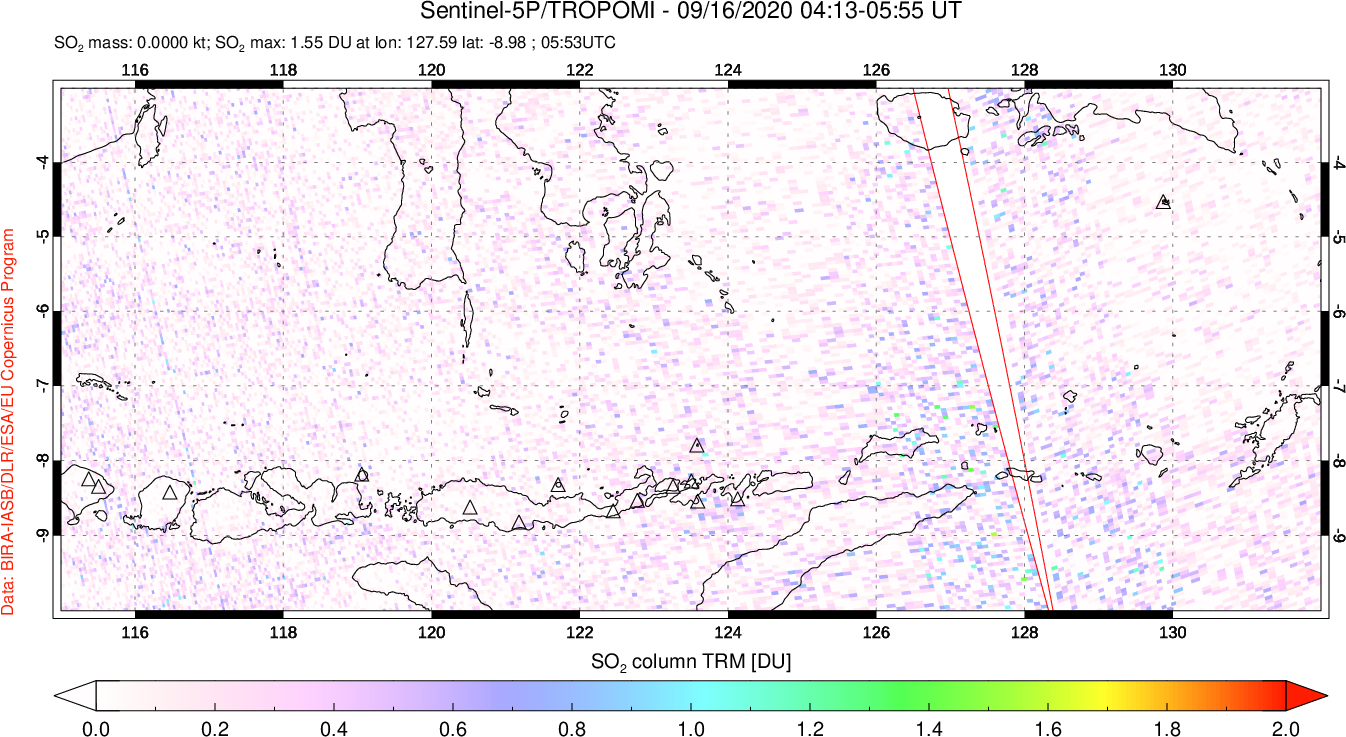 A sulfur dioxide image over Lesser Sunda Islands, Indonesia on Sep 16, 2020.