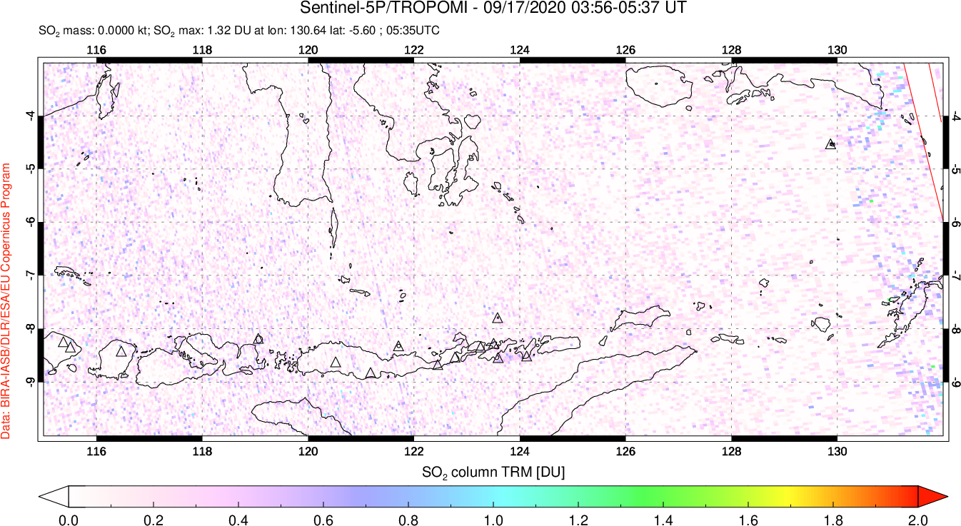 A sulfur dioxide image over Lesser Sunda Islands, Indonesia on Sep 17, 2020.