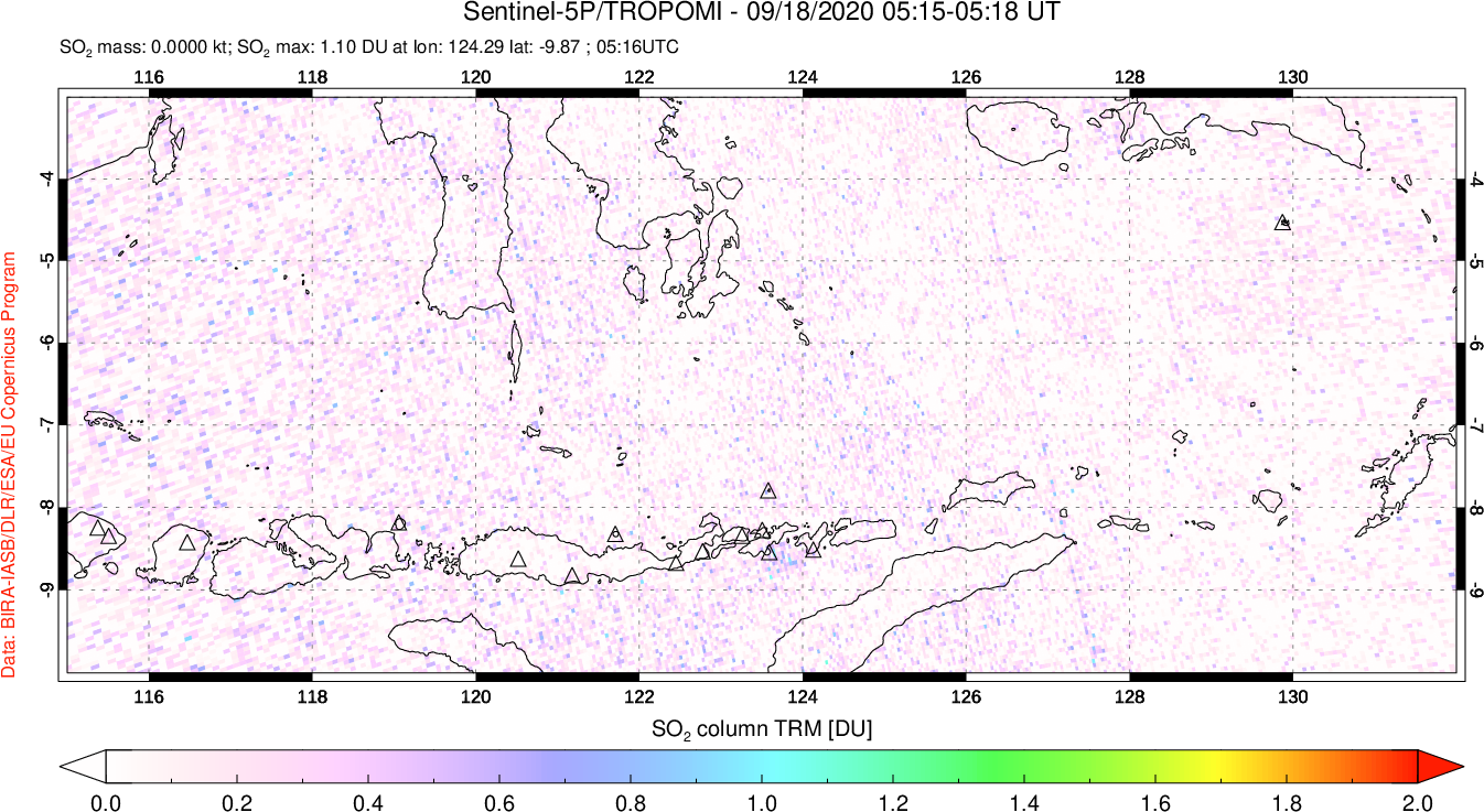 A sulfur dioxide image over Lesser Sunda Islands, Indonesia on Sep 18, 2020.