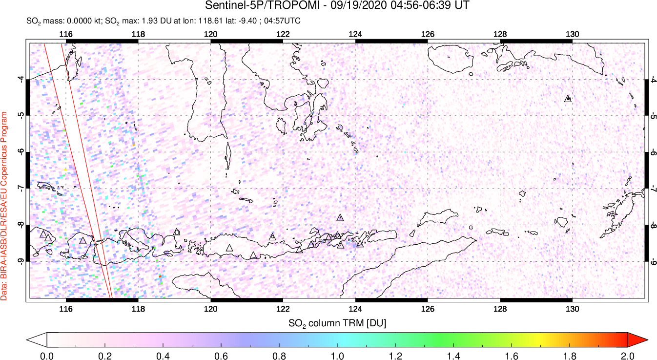 A sulfur dioxide image over Lesser Sunda Islands, Indonesia on Sep 19, 2020.