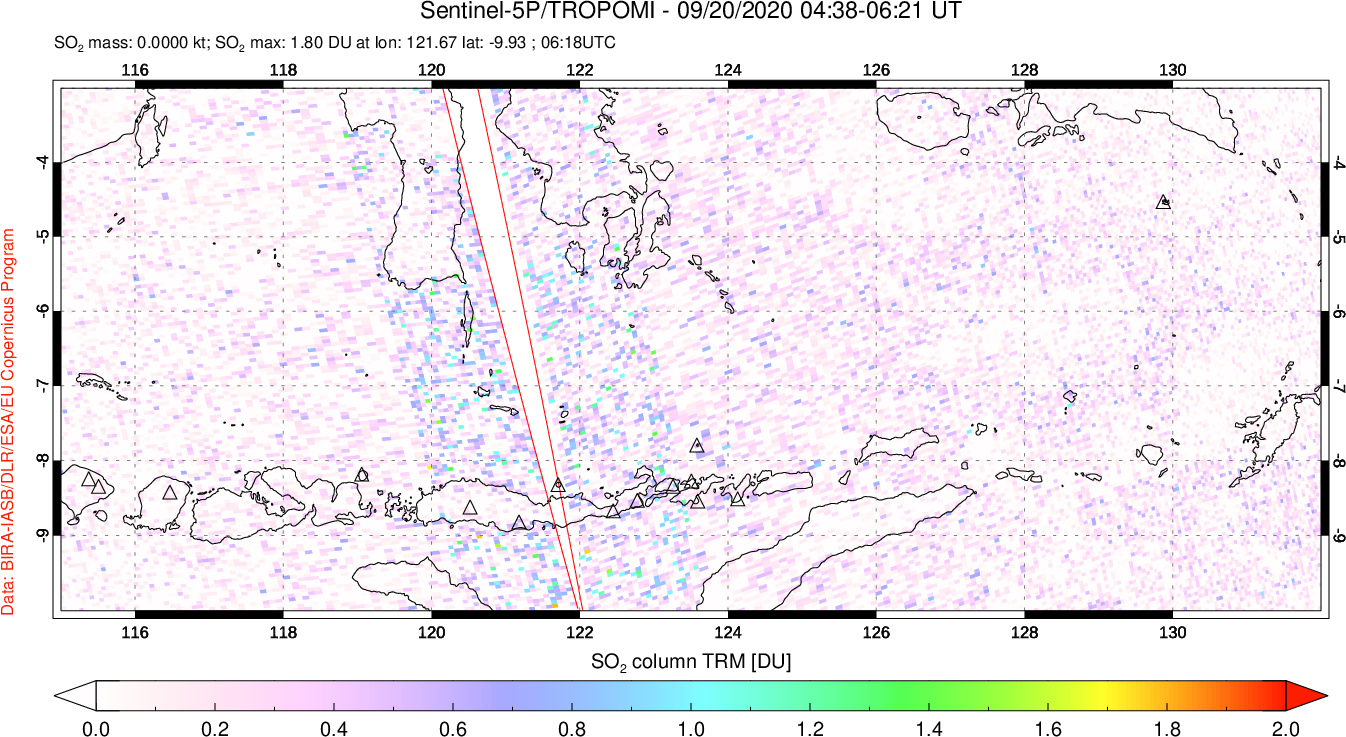 A sulfur dioxide image over Lesser Sunda Islands, Indonesia on Sep 20, 2020.