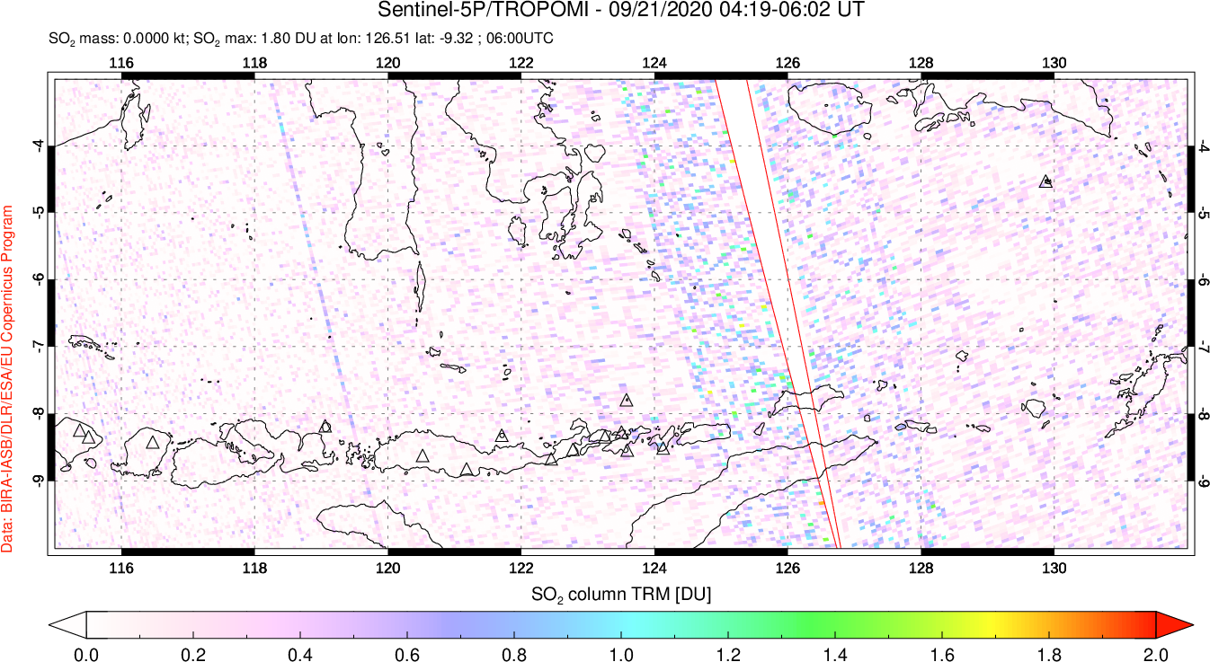 A sulfur dioxide image over Lesser Sunda Islands, Indonesia on Sep 21, 2020.
