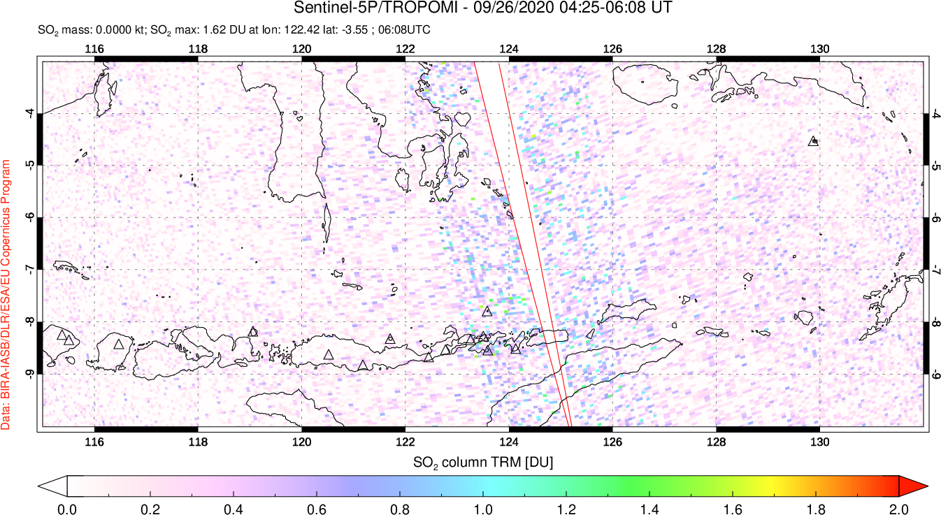 A sulfur dioxide image over Lesser Sunda Islands, Indonesia on Sep 26, 2020.