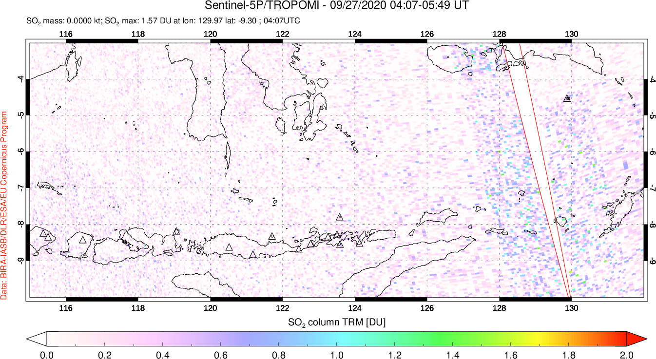 A sulfur dioxide image over Lesser Sunda Islands, Indonesia on Sep 27, 2020.