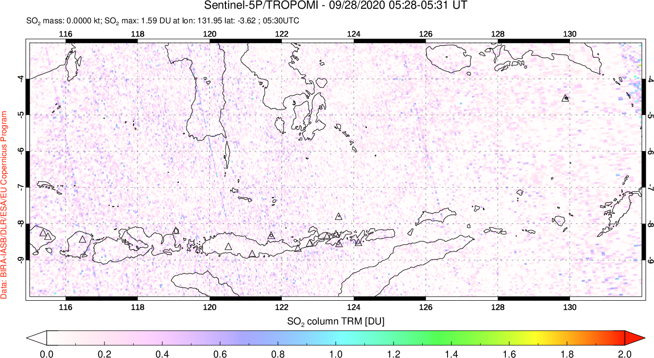 A sulfur dioxide image over Lesser Sunda Islands, Indonesia on Sep 28, 2020.