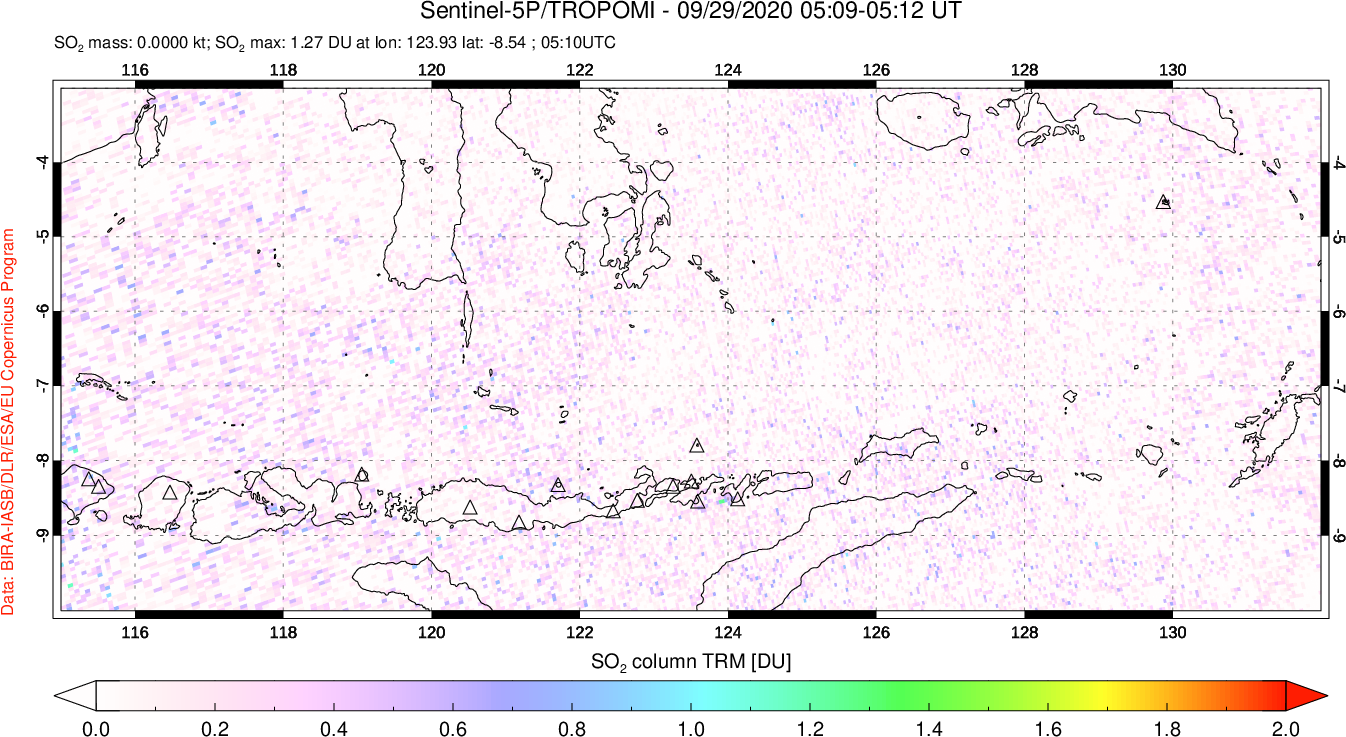 A sulfur dioxide image over Lesser Sunda Islands, Indonesia on Sep 29, 2020.