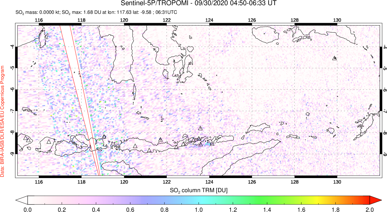 A sulfur dioxide image over Lesser Sunda Islands, Indonesia on Sep 30, 2020.
