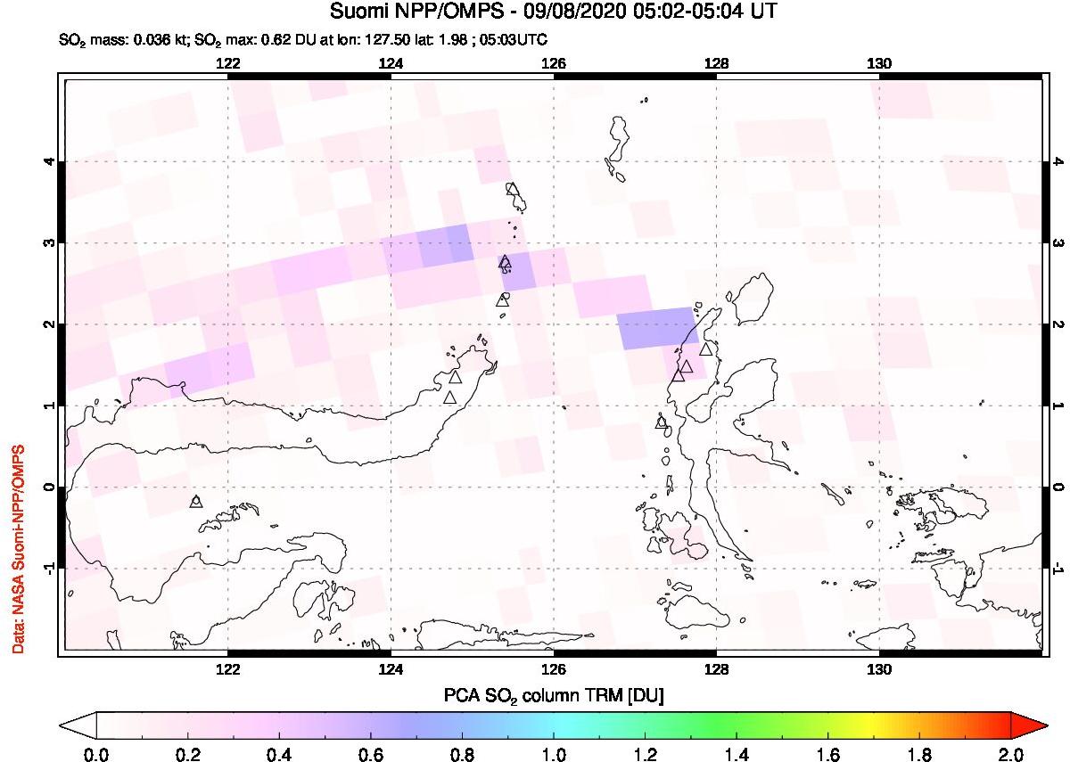 A sulfur dioxide image over Northern Sulawesi & Halmahera, Indonesia on Sep 08, 2020.
