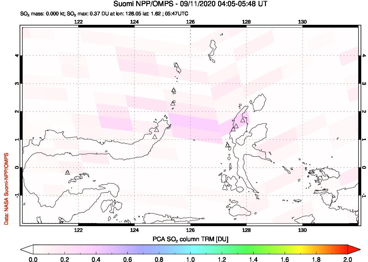 A sulfur dioxide image over Northern Sulawesi & Halmahera, Indonesia on Sep 11, 2020.