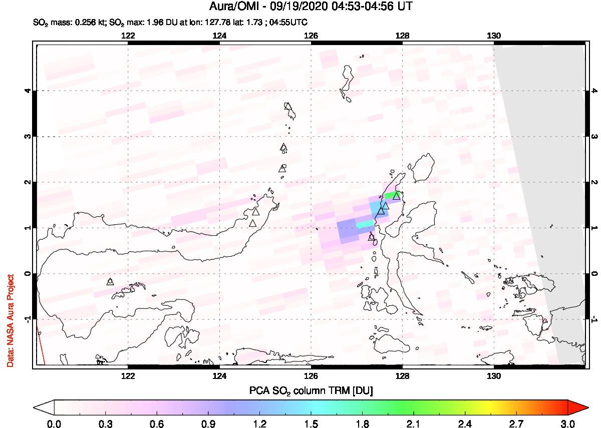 A sulfur dioxide image over Northern Sulawesi & Halmahera, Indonesia on Sep 19, 2020.