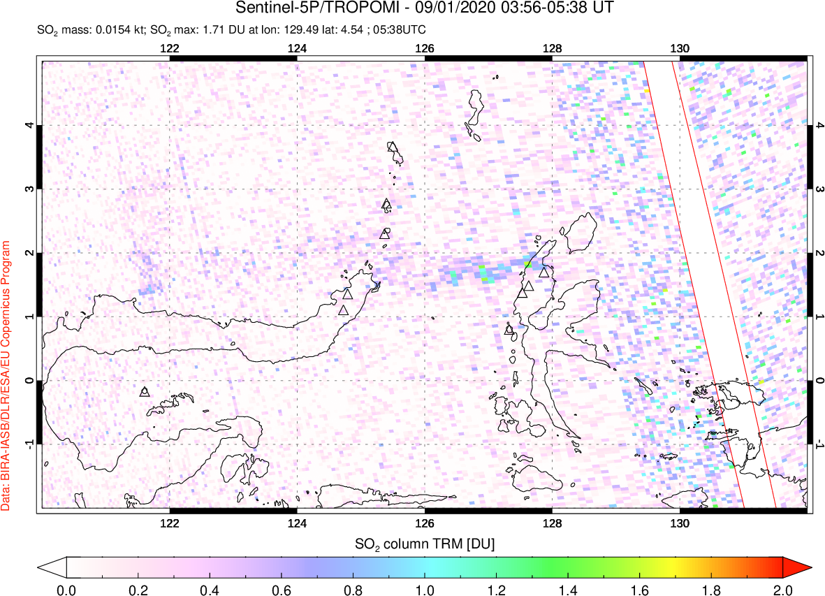 A sulfur dioxide image over Northern Sulawesi & Halmahera, Indonesia on Sep 01, 2020.