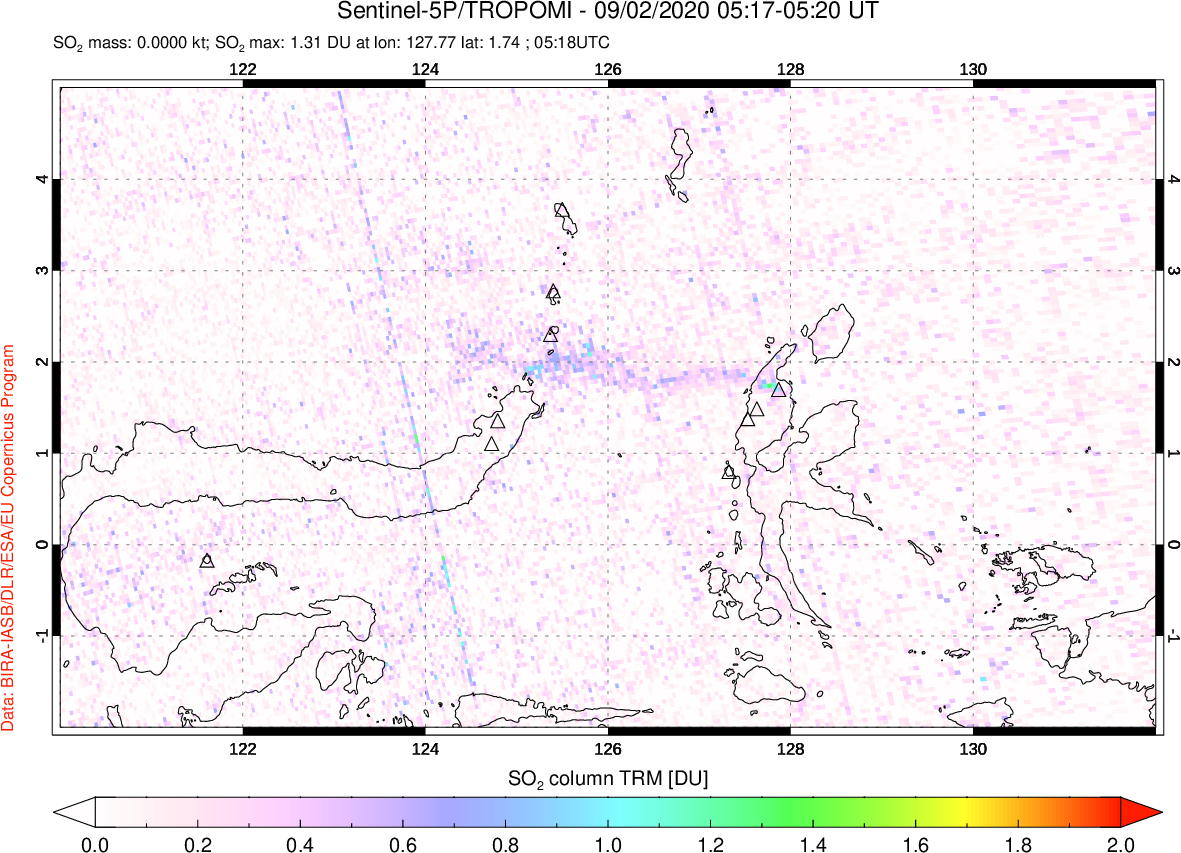 A sulfur dioxide image over Northern Sulawesi & Halmahera, Indonesia on Sep 02, 2020.