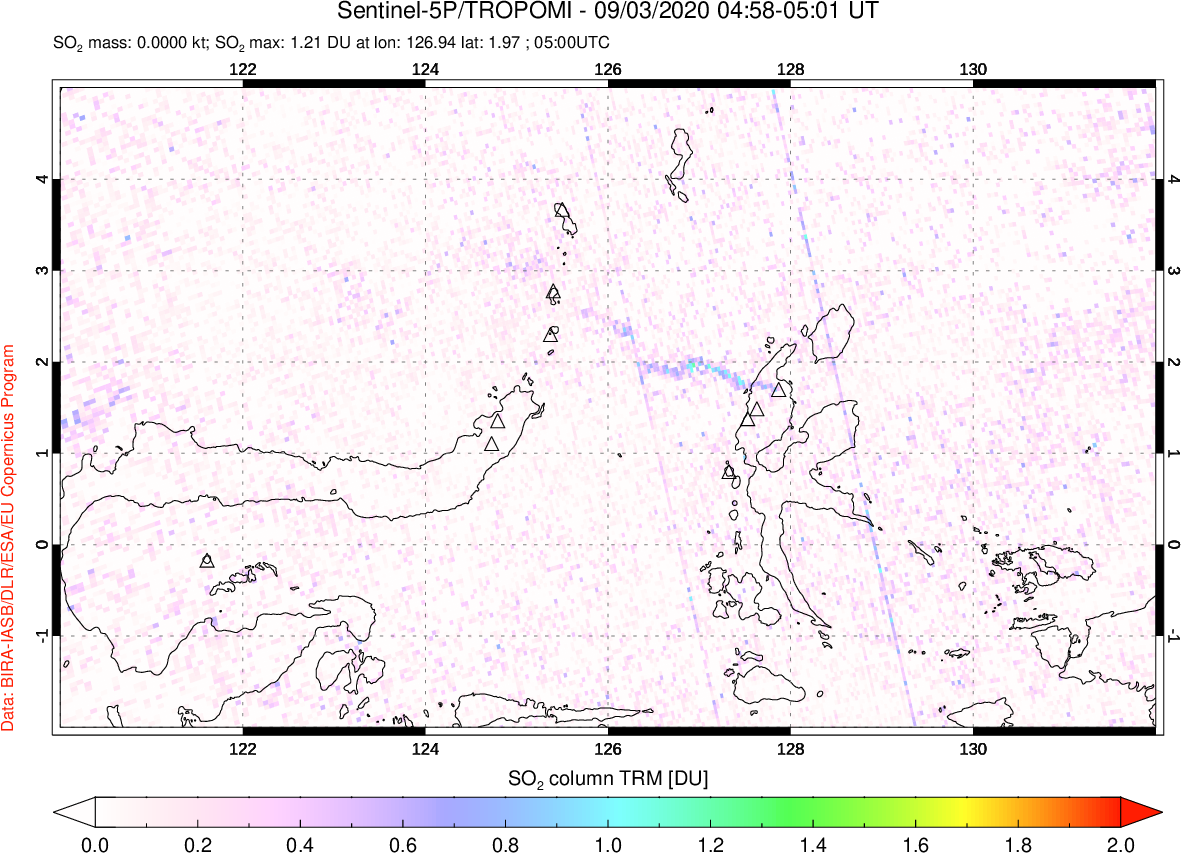 A sulfur dioxide image over Northern Sulawesi & Halmahera, Indonesia on Sep 03, 2020.