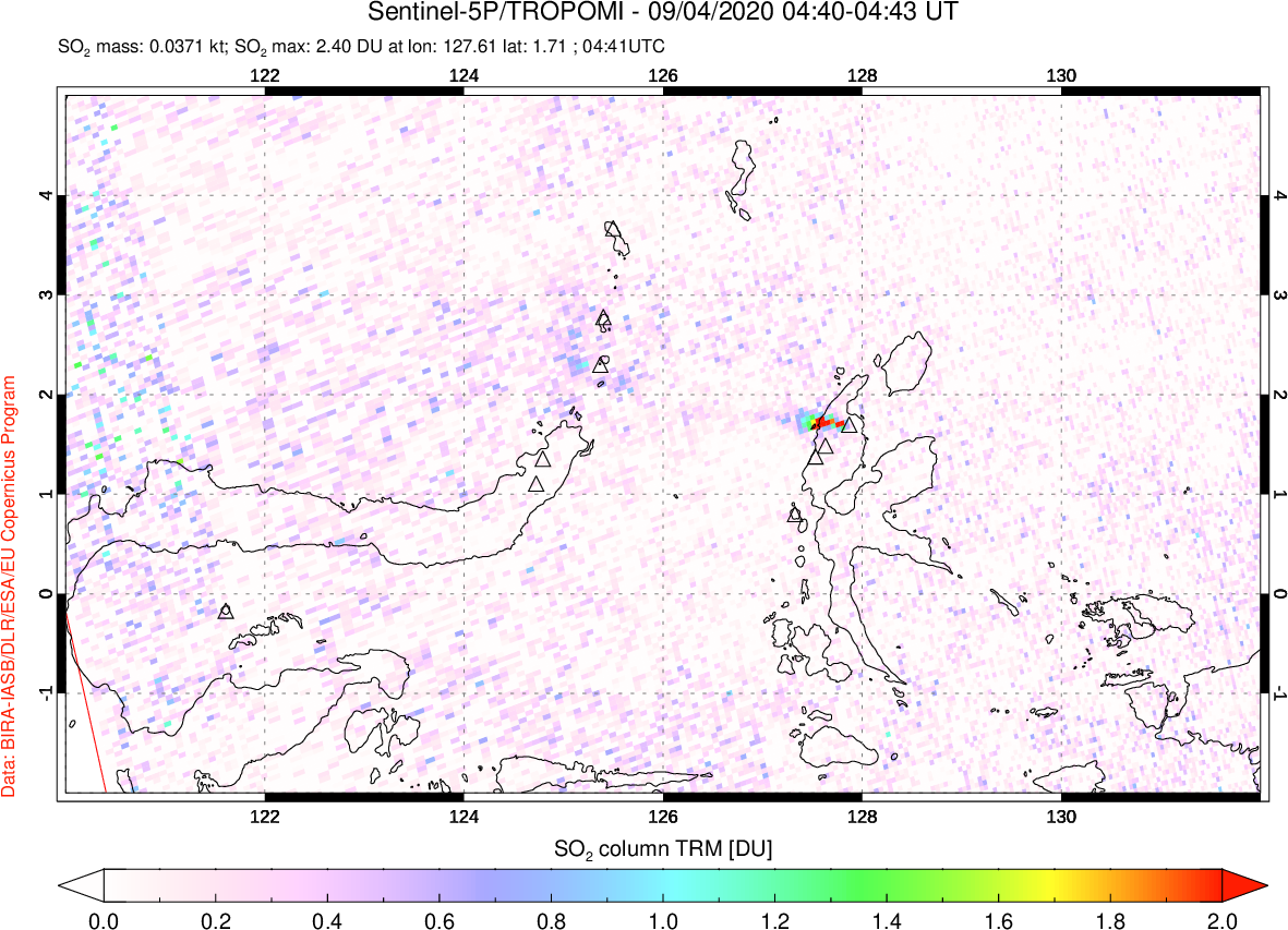 A sulfur dioxide image over Northern Sulawesi & Halmahera, Indonesia on Sep 04, 2020.