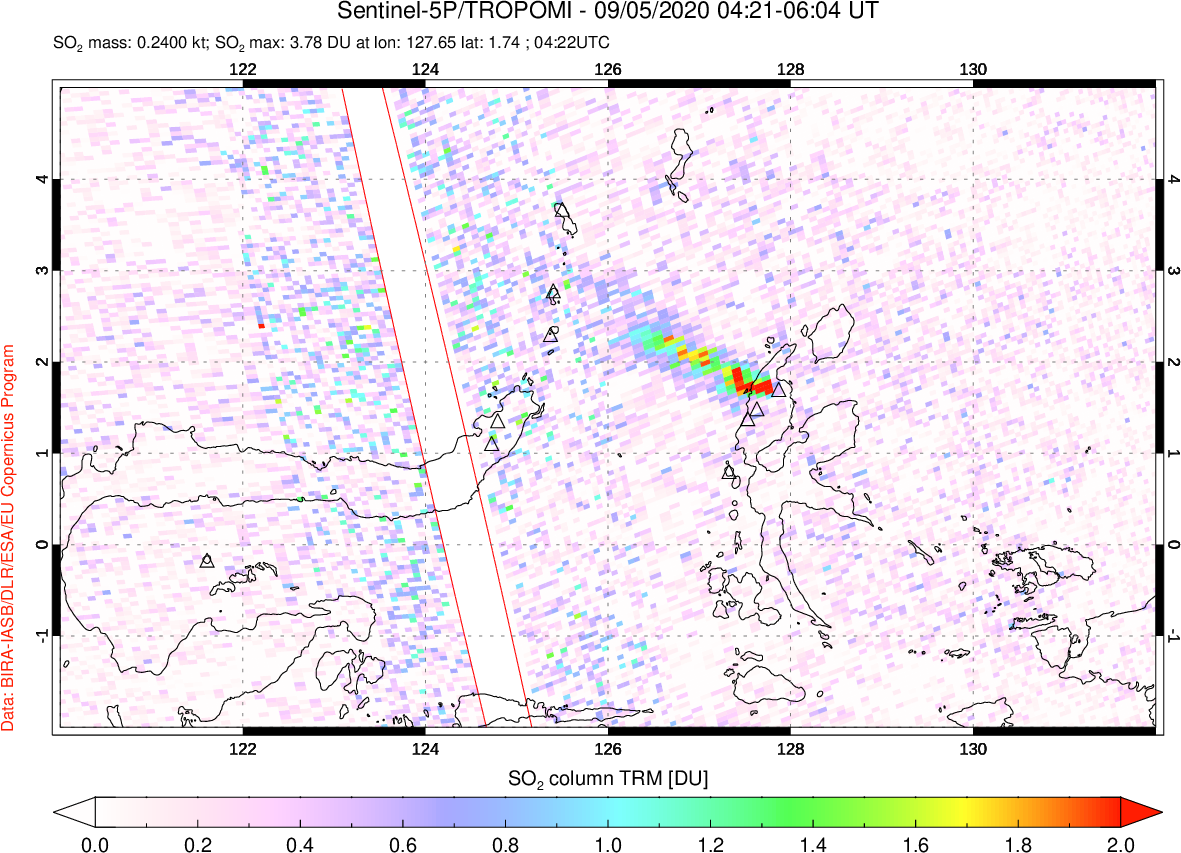 A sulfur dioxide image over Northern Sulawesi & Halmahera, Indonesia on Sep 05, 2020.