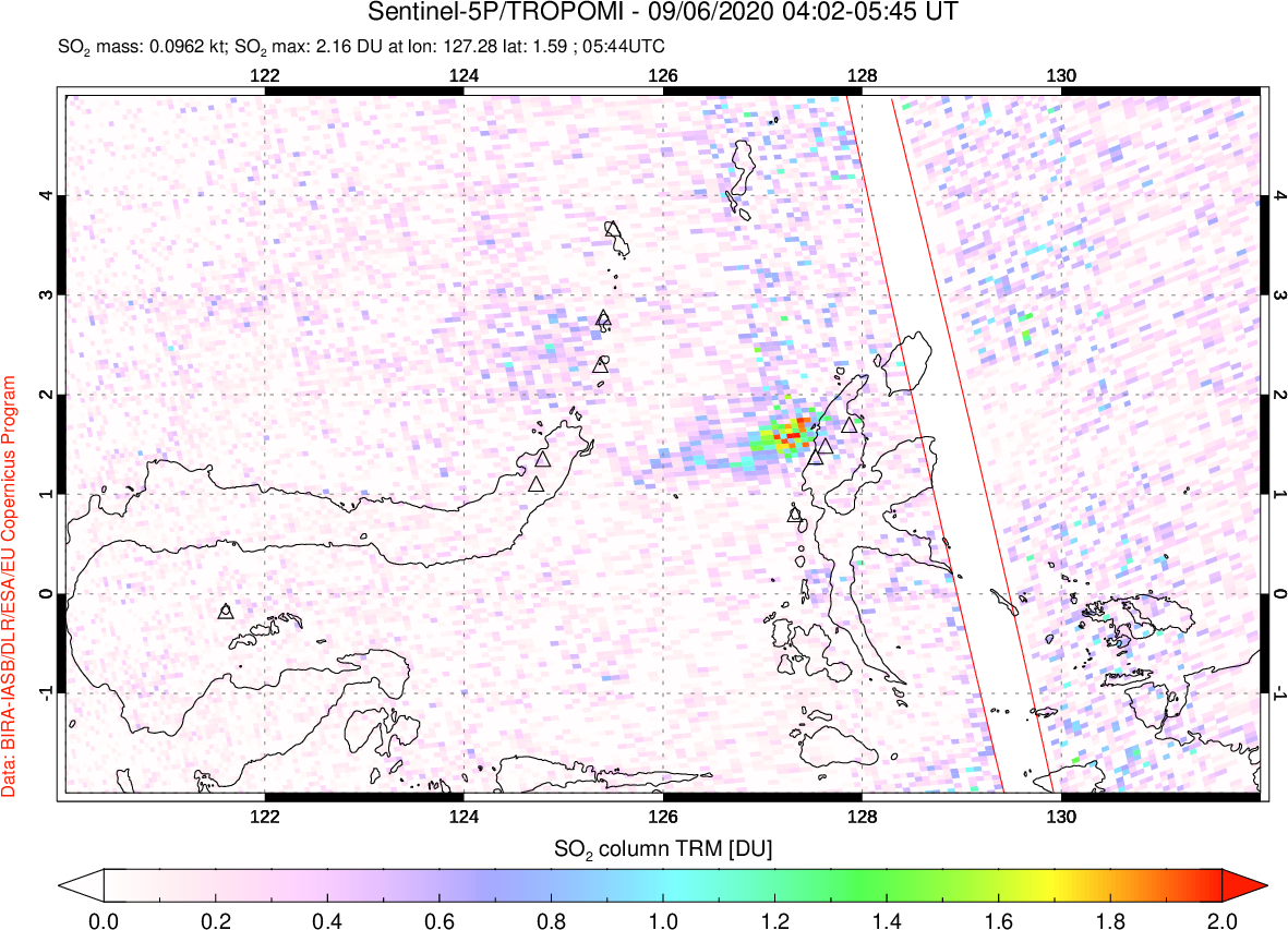 A sulfur dioxide image over Northern Sulawesi & Halmahera, Indonesia on Sep 06, 2020.