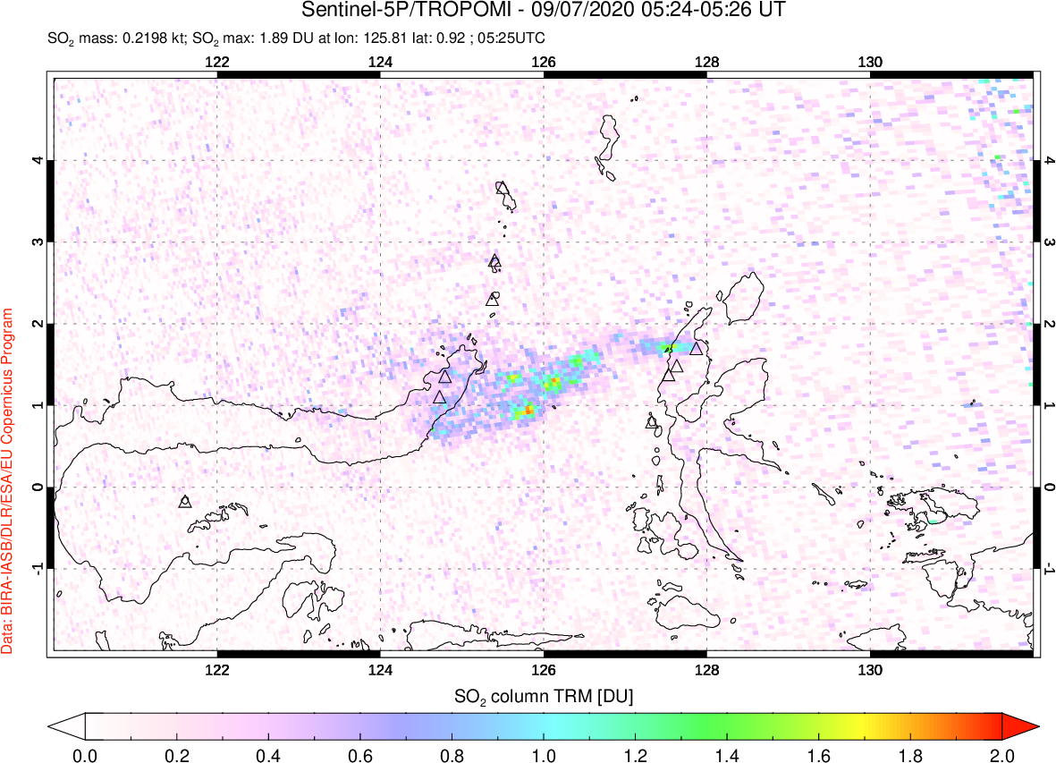 A sulfur dioxide image over Northern Sulawesi & Halmahera, Indonesia on Sep 07, 2020.