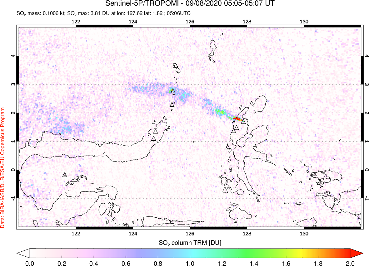 A sulfur dioxide image over Northern Sulawesi & Halmahera, Indonesia on Sep 08, 2020.