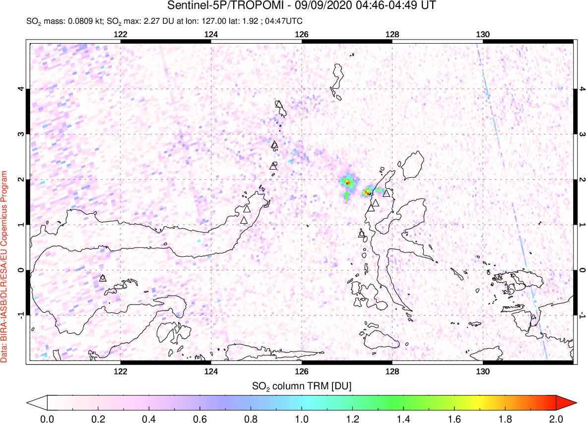 A sulfur dioxide image over Northern Sulawesi & Halmahera, Indonesia on Sep 09, 2020.