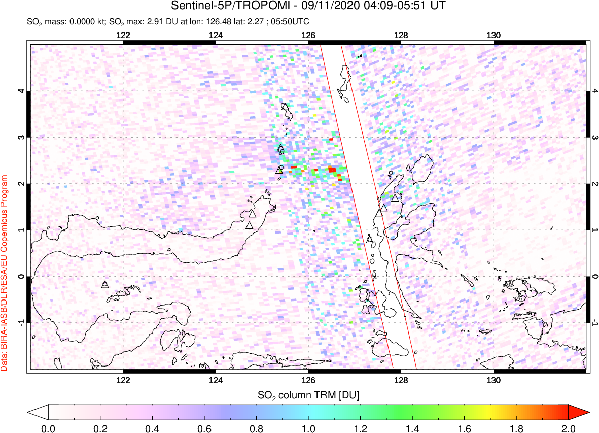 A sulfur dioxide image over Northern Sulawesi & Halmahera, Indonesia on Sep 11, 2020.