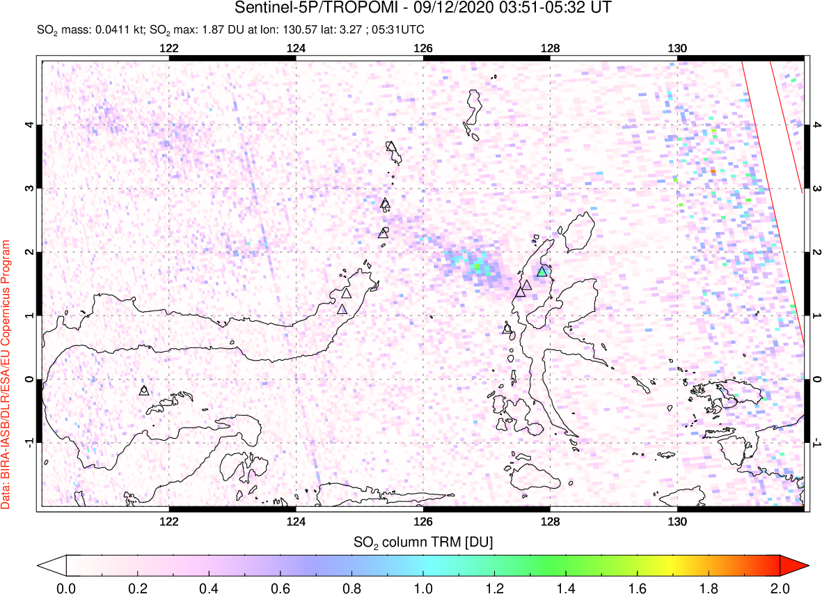 A sulfur dioxide image over Northern Sulawesi & Halmahera, Indonesia on Sep 12, 2020.