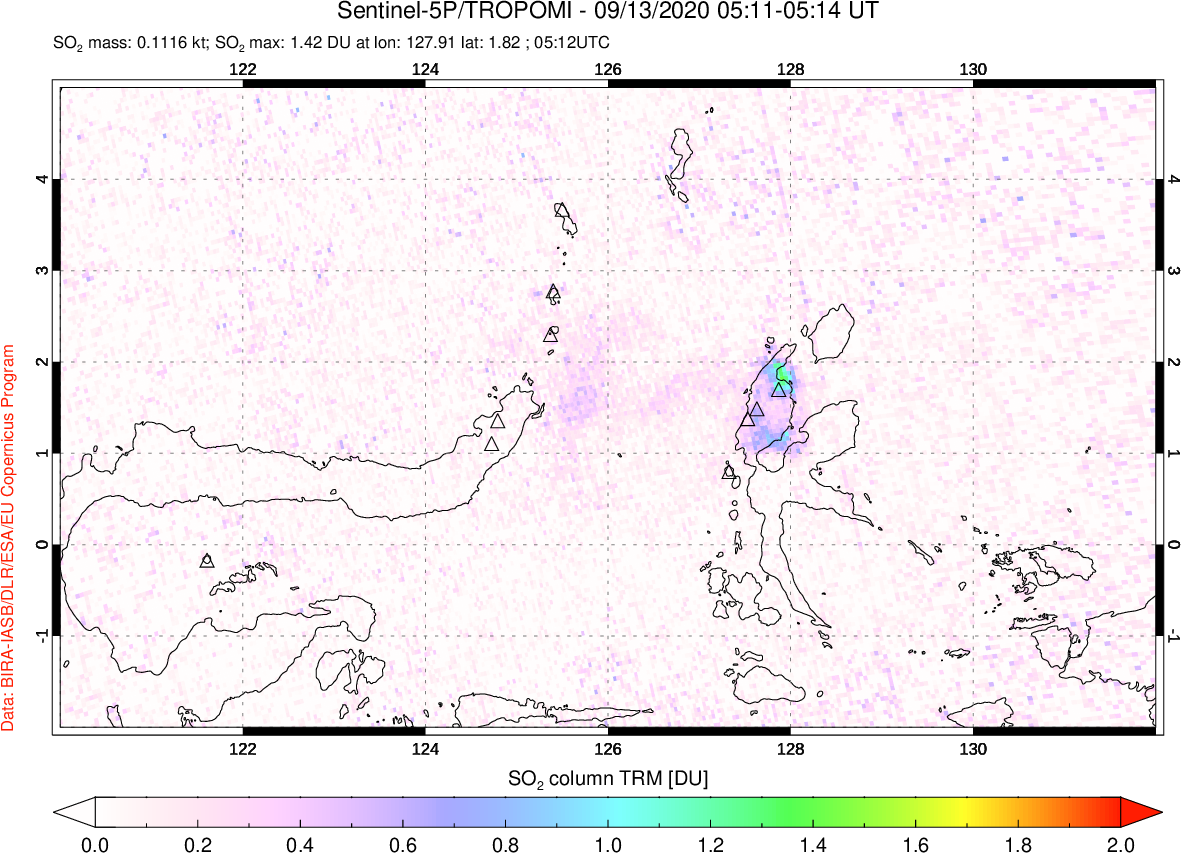 A sulfur dioxide image over Northern Sulawesi & Halmahera, Indonesia on Sep 13, 2020.