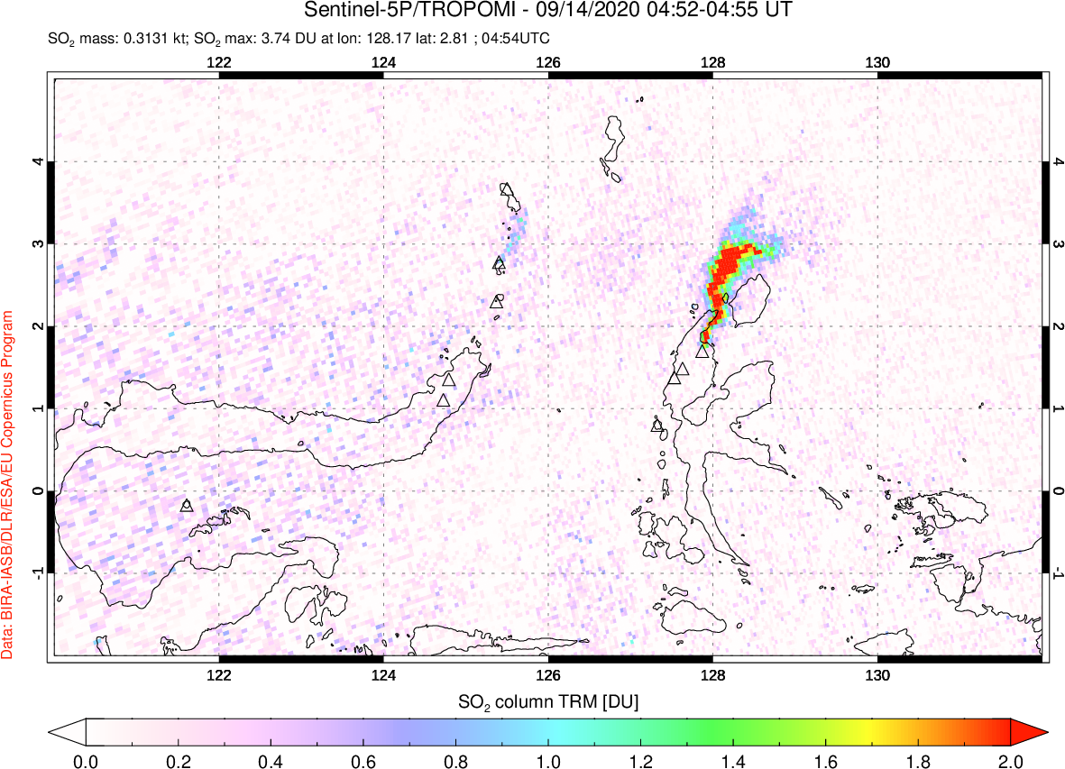 A sulfur dioxide image over Northern Sulawesi & Halmahera, Indonesia on Sep 14, 2020.