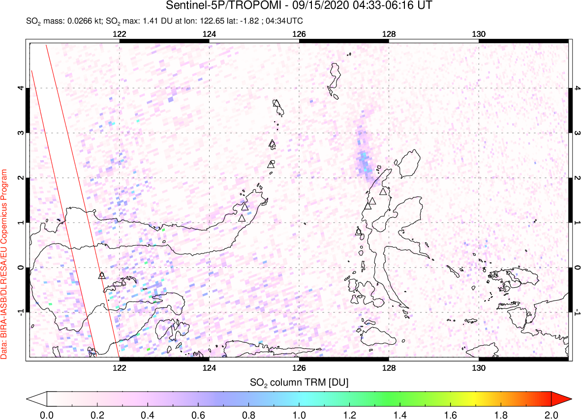 A sulfur dioxide image over Northern Sulawesi & Halmahera, Indonesia on Sep 15, 2020.