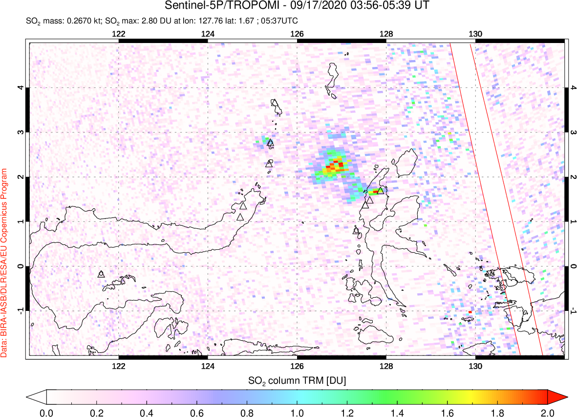 A sulfur dioxide image over Northern Sulawesi & Halmahera, Indonesia on Sep 17, 2020.