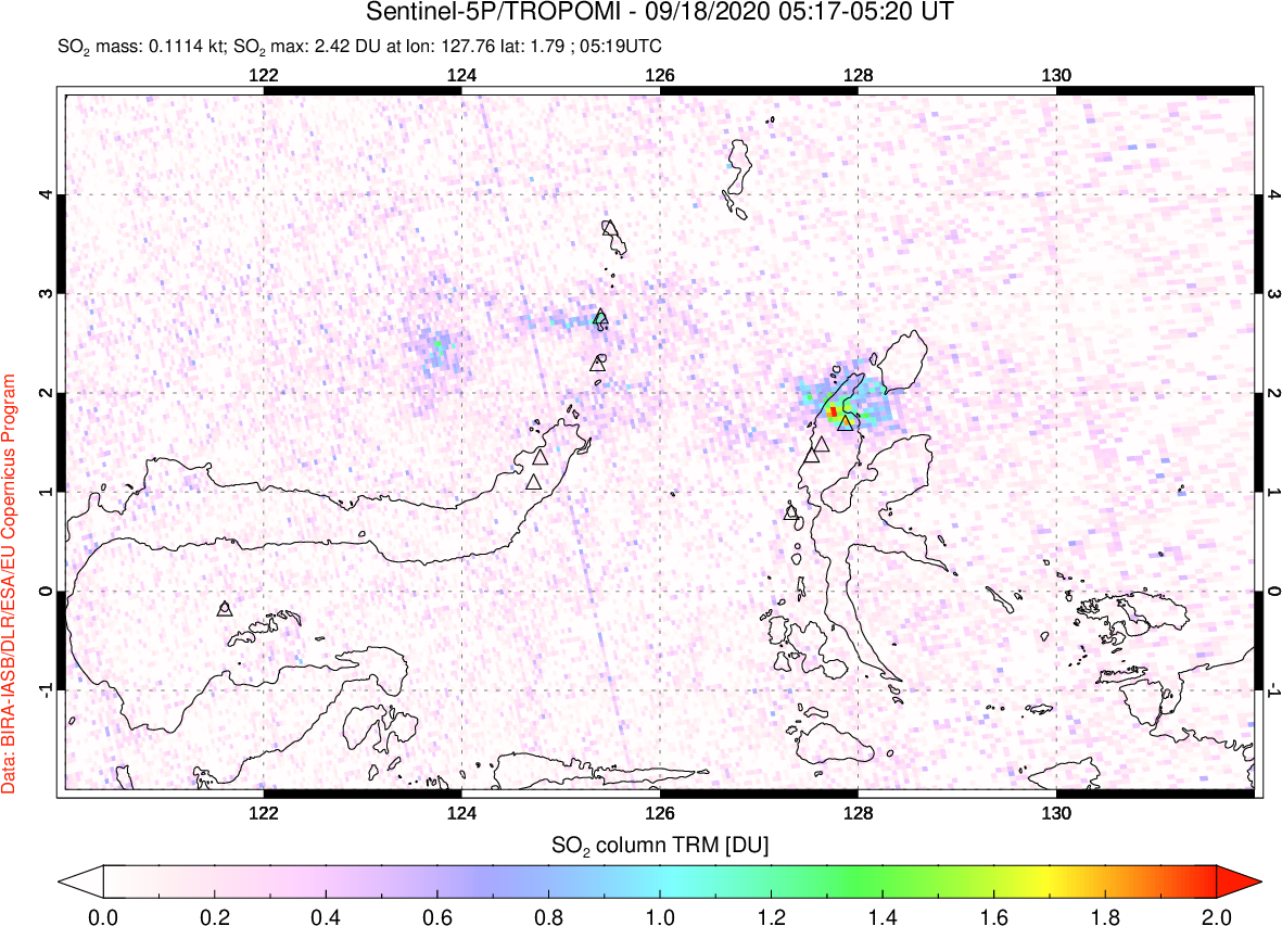 A sulfur dioxide image over Northern Sulawesi & Halmahera, Indonesia on Sep 18, 2020.