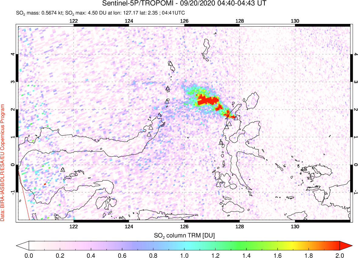 A sulfur dioxide image over Northern Sulawesi & Halmahera, Indonesia on Sep 20, 2020.