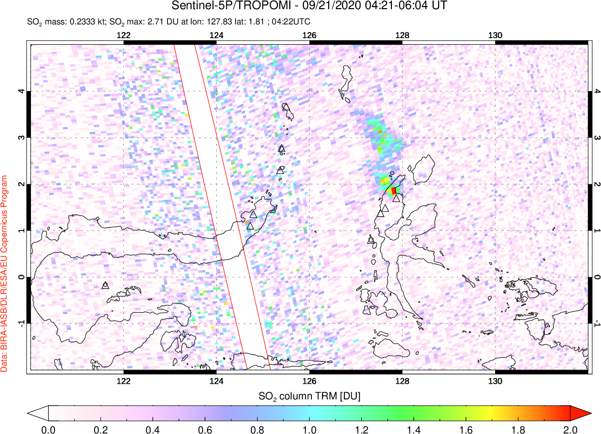 A sulfur dioxide image over Northern Sulawesi & Halmahera, Indonesia on Sep 21, 2020.