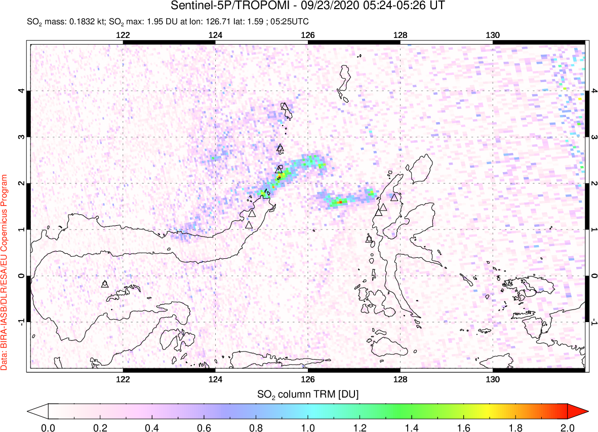 A sulfur dioxide image over Northern Sulawesi & Halmahera, Indonesia on Sep 23, 2020.