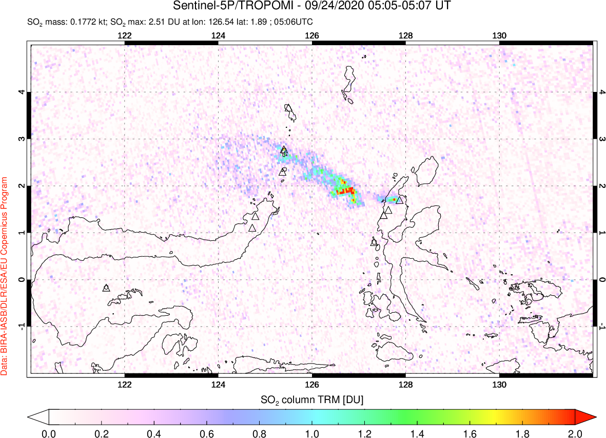 A sulfur dioxide image over Northern Sulawesi & Halmahera, Indonesia on Sep 24, 2020.