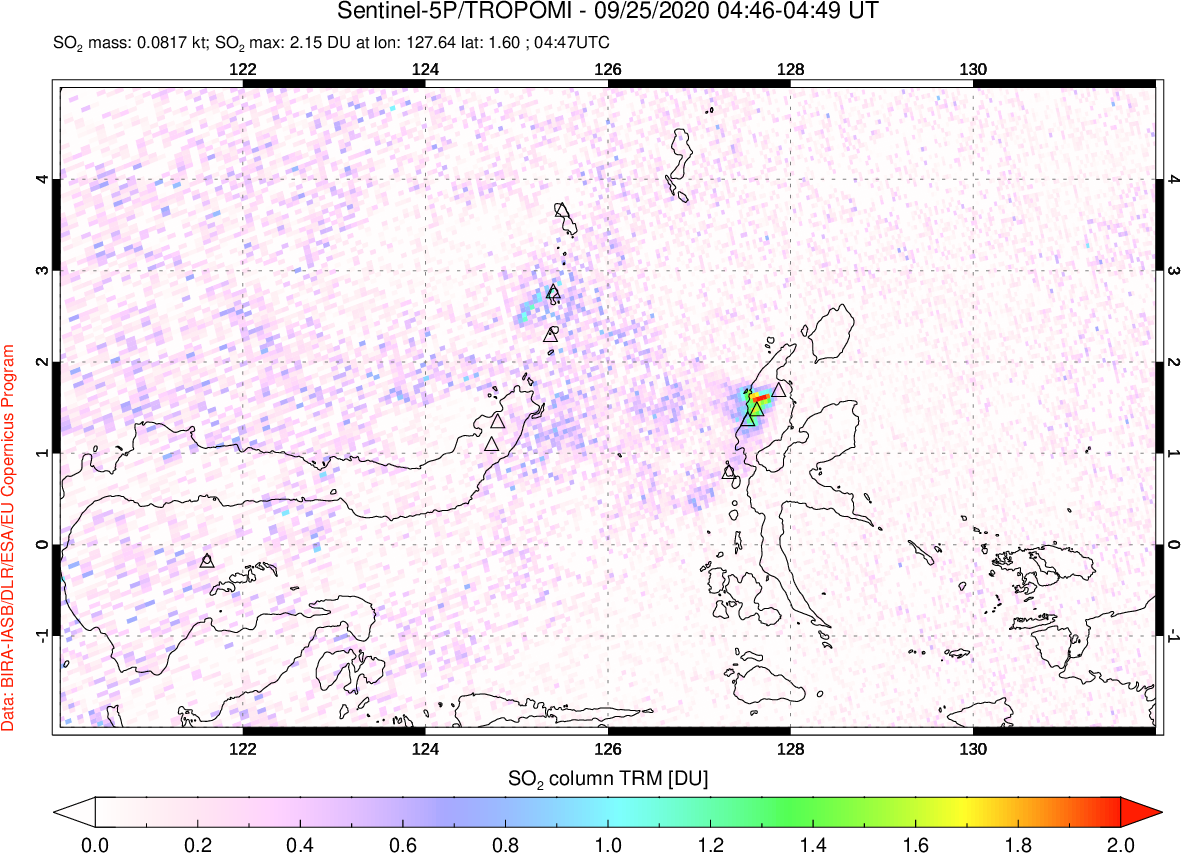 A sulfur dioxide image over Northern Sulawesi & Halmahera, Indonesia on Sep 25, 2020.