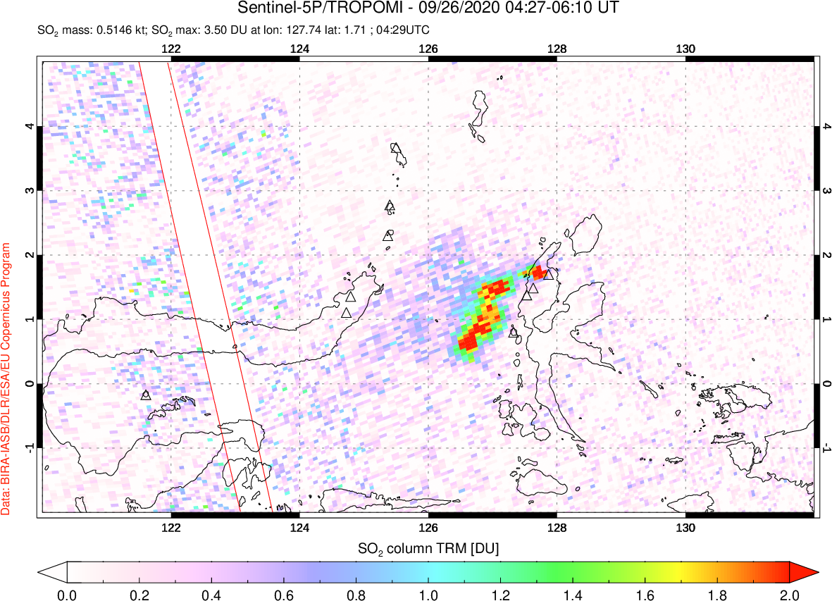 A sulfur dioxide image over Northern Sulawesi & Halmahera, Indonesia on Sep 26, 2020.